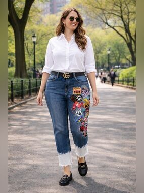 💗 SOLD 💗Upcycled Embroidered Patch Straight-Leg Jeans in Blue